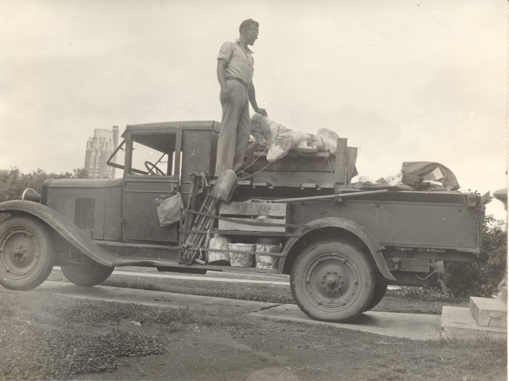 The Old University Chevrolet loaded with bones from Eldorado. Picture made at the east end of the O.U. Geology Building. L.I. Price standing on truck