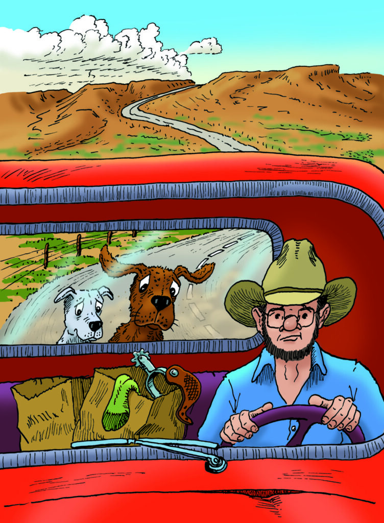 Hank the cowdog book illustration, Slim Chance (human) driving a pickup truck with two dogs--Hank the cowdog and Drover-- in the bed