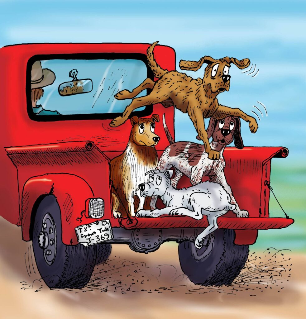 decorative image of a hank the cowdog book illustration of four dogs in the back of a pickup truck.